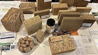Verschiedene rechteckige und quadratische Proben aus Holzspänen und gepresstem Holz auf einem Tisch mit Informationsblättern und einem Glas mit Holzspänen.