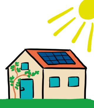 Ein Cartoonhaus mit Solarpaneelen auf dem Dach, das umweltfreundliche Energie symbolisiert.