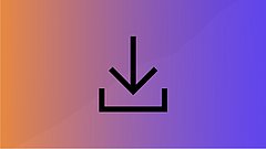 Schwarzes Download-Symbol mit einem nach unten zeigenden Pfeil über einer horizontalen Linie auf einem Farbverlauf von Orange zu Lila.