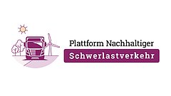 Ein Lkw steht auf einer Straße, umgeben von Bäumen und einem Windrad. Text: 'Plattform Nachhaltiger Schwerlastverkehr'.