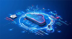 Digitale Wolke mit leuchtendem Umriss, umgeben von Daten- und Technologie-Symbolen auf blauem Hintergrund