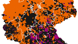 Karte: Verteilung der überwiegenden Energieträger in Wohnungen nach Gemeinde. Farbige Markierungen zeigen die vorherrschenden Energieträger: Orange für Gas, Dunkelgrau für Heizöl (inkl. Kohle), Blau für Fernwärme, Lila für Erneuerbare und Strom geprägt, Schwarz für Gemischt.