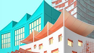 Illustration mehrerer moderner Gebäude mit großen Fenstern, farbigen Fassaden und unterschiedlichen Dachformen.