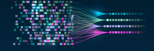 Eine Datenmenge in Form von bunten, zufällig zusammengesetzten Quadraten durchläuft eine Analyse, die die einzelnen Daten gemäß ihrer Farbzugehörigkeit zu Gruppen sortiert.