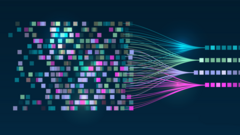 Eine Datenmenge in Form von bunten, zufällig zusammengesetzten Quadraten durchläuft eine Analyse, die die einzelnen Daten gemäß ihrer Farbzugehörigkeit zu Gruppen sortiert.