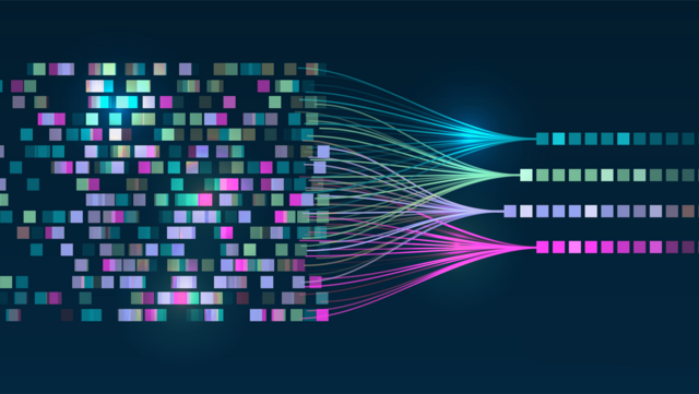 Eine Datenmenge in Form von bunten, zufällig zusammengesetzten Quadraten durchläuft eine Analyse, die die einzelnen Daten gemäß ihrer Farbzugehörigkeit zu Gruppen sortiert.