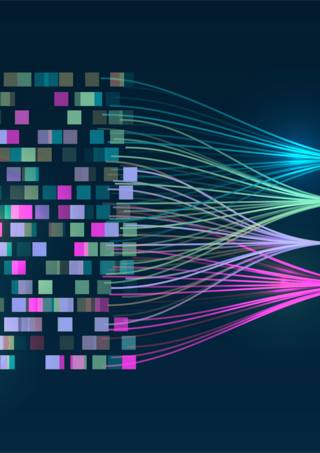 Eine Datenmenge in Form von bunten, zufällig zusammengesetzten Quadraten durchläuft eine Analyse, die die einzelnen Daten gemäß ihrer Farbzugehörigkeit zu Gruppen sortiert.