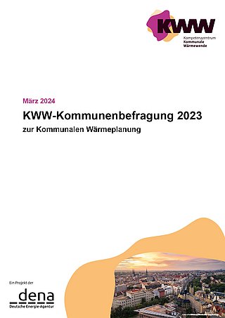 Titel 'KWW-Kommunenbefragung 2023 zur Kommunalen Wärmeplanung', März 2024, mit Logo des Kompetenzzentrums Kommunale Wärmewende und Foto einer Stadtansicht im Sonnenuntergang