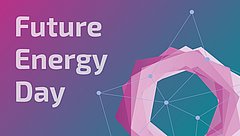 Text 'Future Energy Day' in großer Schrift links, umgeben von geometrischen, rosa und blauen Formen und Linien, die ein Netzwerk darstellen.