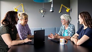 Vier Personen sitzen an einem Konferenztisch, zwei haben Laptops vor sich, eine hält eine Tasse mit dem 'dena' Logo, im Hintergrund zwei gelbe Lampen an der Wand