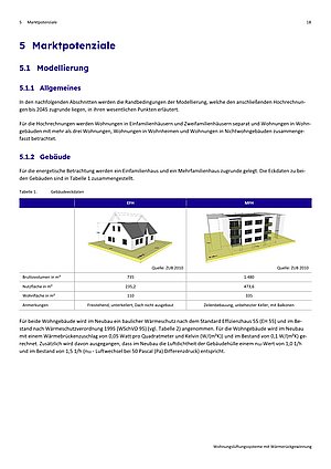 Seite mit Text und Tabelle zu Marktpotenzialen und Gebäudedaten, darunter zwei Illustrationen von Einfamilien- und Mehrfamilienhäusern