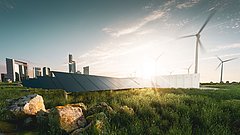 Solarpanelen und Windräder im Sonnenschein