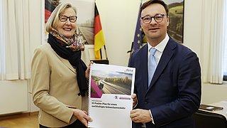 Kristina Haverkamp und Oliver Luksic in formeller Kleidung halten gemeinsam einen Bericht mit dem Titel '10-Punkte-Plan für einen nachhaltigen Schienenverkehr', im Hintergrund deutsche und europäische Flaggen