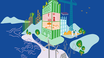 Grafik eines modernen, nachhaltigen Gebäudes mit Windturbinen und Solarpanelen. Baustelle im Hintergrund mit Kränen und Personen. Bäume und Wasser im Vordergrund.