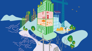 Grafik eines modernen, nachhaltigen Gebäudes mit Windturbinen und Solarpanelen. Baustelle im Hintergrund mit Kränen und Personen. Bäume und Wasser im Vordergrund.