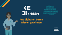 Grafik mit der Überschrift 'KEDi erklärt Aus digitalen Daten Wissen gewinnen' und einer stilisierten Person mit Tablet vor dunkelblauem Hintergrund
