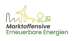 Logo der Marktoffensive mit stilisierten Symbolen für erneuerbare Energien, darunter ein Windrad und eine Pfeilgrafik. Text: 'Marktoffensive Erneuerbare Energien'.