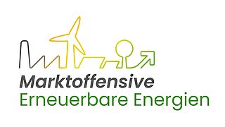 Logo der Marktoffensive mit stilisierten Symbolen für erneuerbare Energien, darunter ein Windrad und eine Pfeilgrafik. Text: 'Marktoffensive Erneuerbare Energien'.