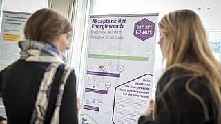 Zwei Frauen betrachten einen Informationsaufsteller mit dem Titel 'Akzeptanz der Energiewende' und dem Logo 'Smart Quart' in einem hellen Raum.
