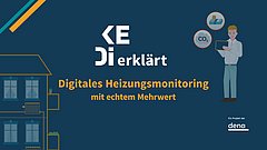 Illustration eines Mannes mit Tablet vor einem Wohnhaus mit Heizkörpern und den Texten 'KE Di erklärt' und 'Digitales Heizungsmonitoring mit echtem Mehrwert' auf blauem Hintergrund