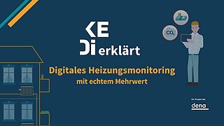 Illustration eines Mannes mit Tablet vor einem Wohnhaus mit Heizkörpern und den Texten 'KE Di erklärt' und 'Digitales Heizungsmonitoring mit echtem Mehrwert' auf blauem Hintergrund