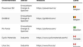 Tabelle: "SET100 Liste 2026" – Unternehmen Powernaut BV, GridBrid, Pix Force, Cyclic Materials, Litus Inc. mit Sektor, Website und Land.