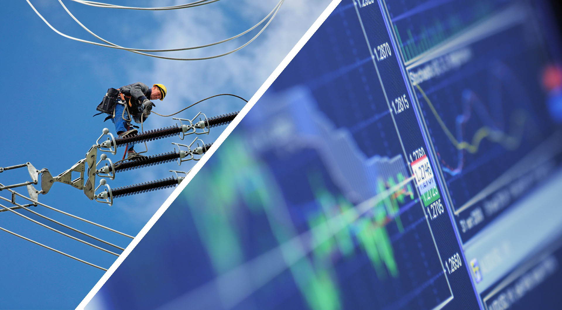 Ein Monteur arbeitet an Hochspannungsleitungen, daneben ein Bildschirm mit Finanzdaten und Kursdiagrammen.