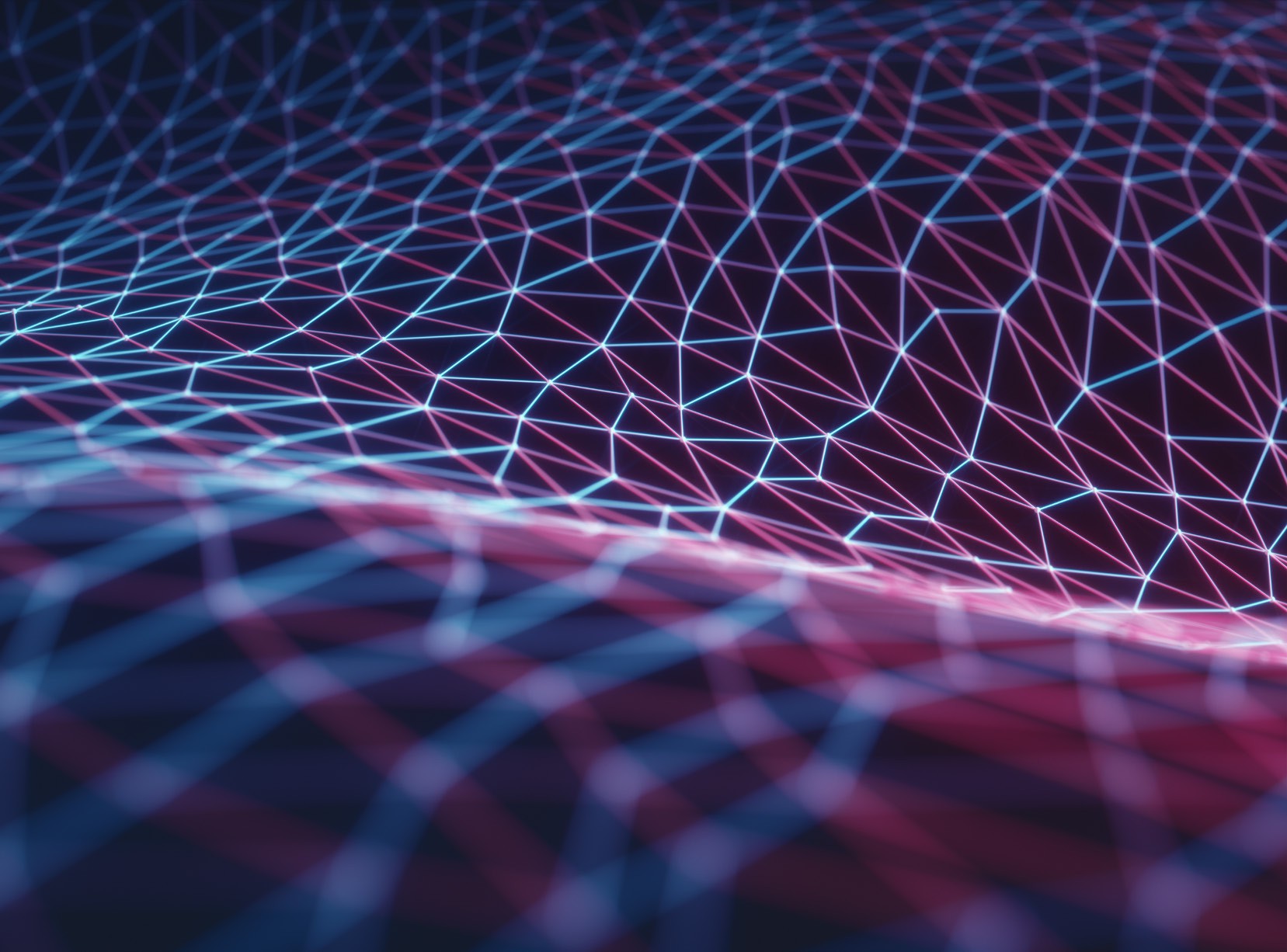 Dreidimensionales Gitter aus Linien und Punkten, das eine wellenförmige Oberfläche bildet