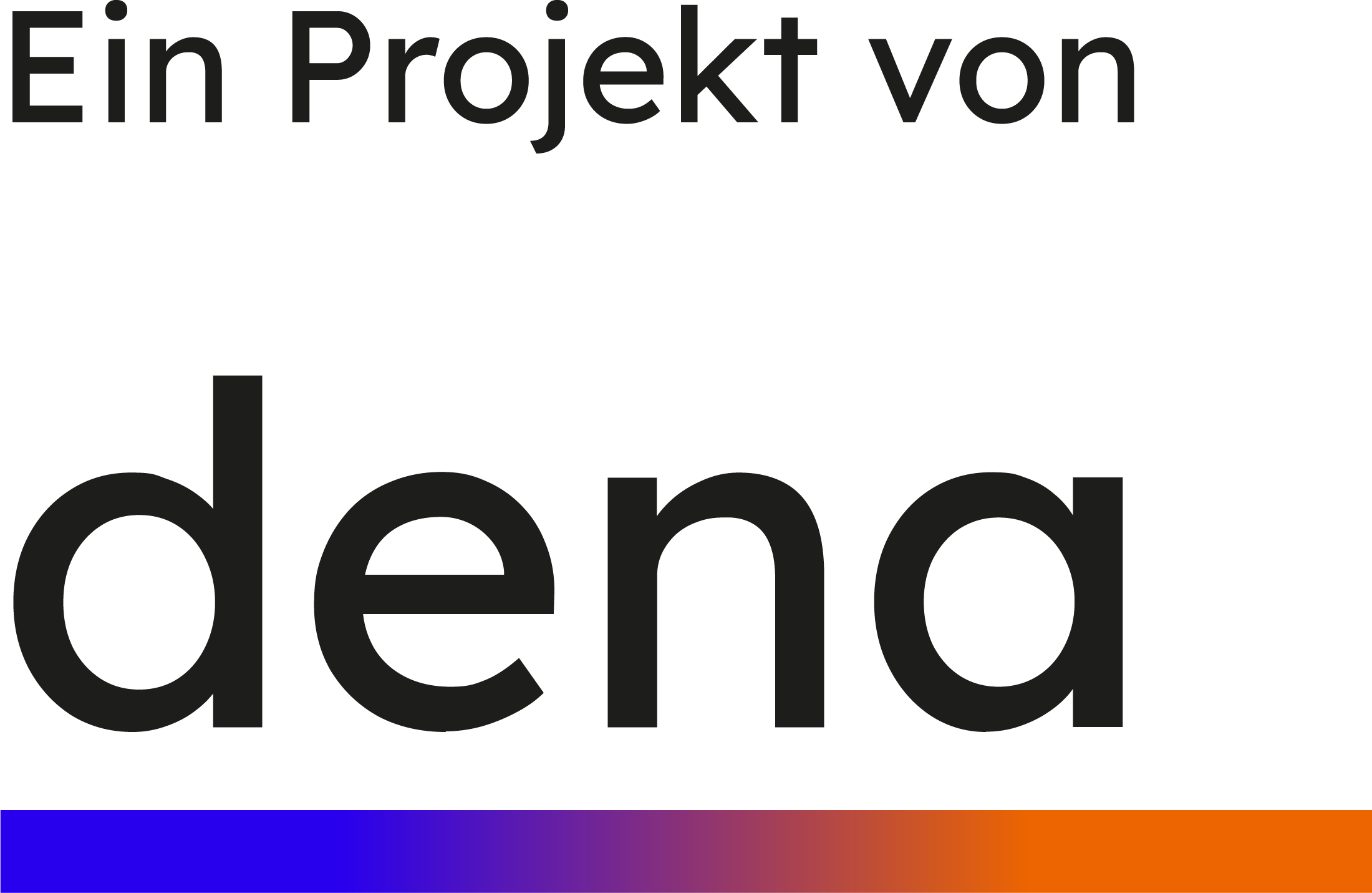 Schriftzug 'Ein Projekt von dena' in schwarzer Schrift, darunter ein Farbverlauf von Blau zu Orange als Linie.