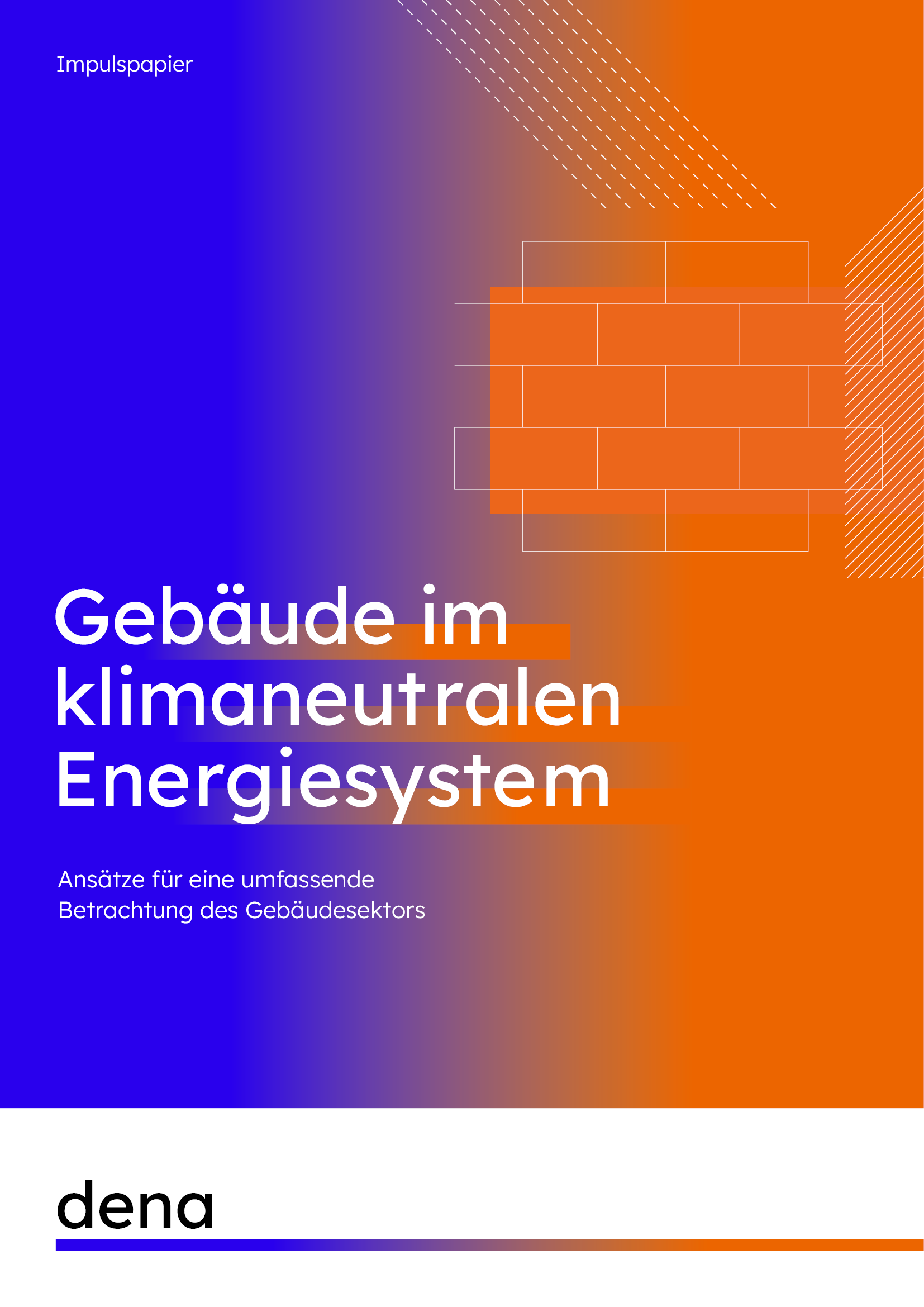 Titelblatt des Impulspapiers 'Gebäude im klimaneutralen Energiesystem' mit grafischer Darstellung von Gebäudestrukturen in orange und blau, veröffentlicht von dena