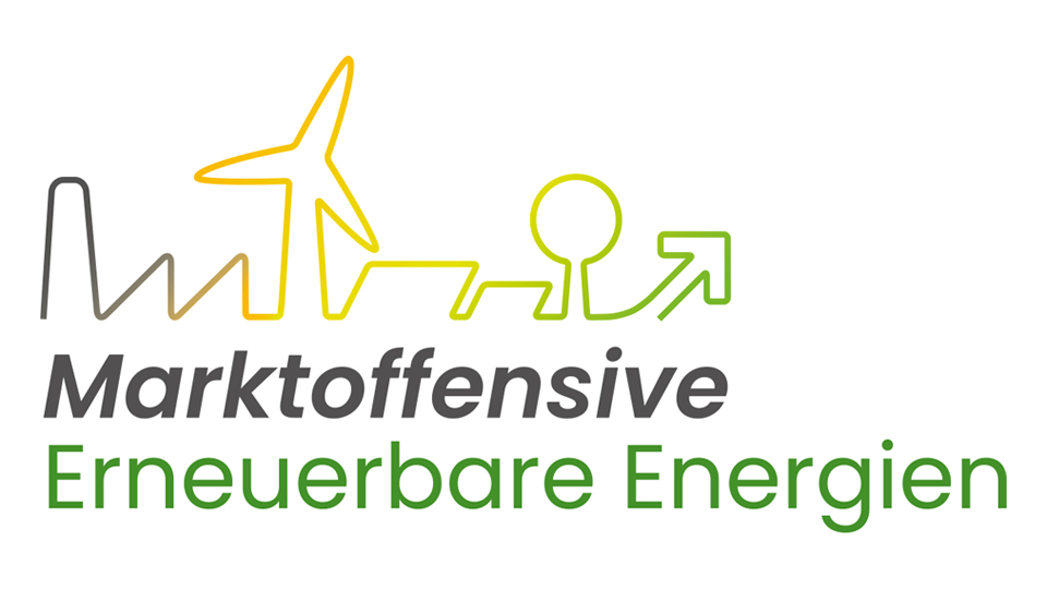 Grafik mit stilisierten Symbolen für erneuerbare Energien: Windrad, Kreis und Pfeil. Text 'Marktoffensive Erneuerbare Energien' in Grau und Grün.