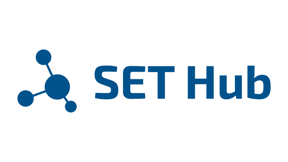 Logo von SET Hub, bestehend aus einem stilisierten Molekül mit drei Kreisen und dem Schriftzug 'SET Hub' in blauer Schrift.