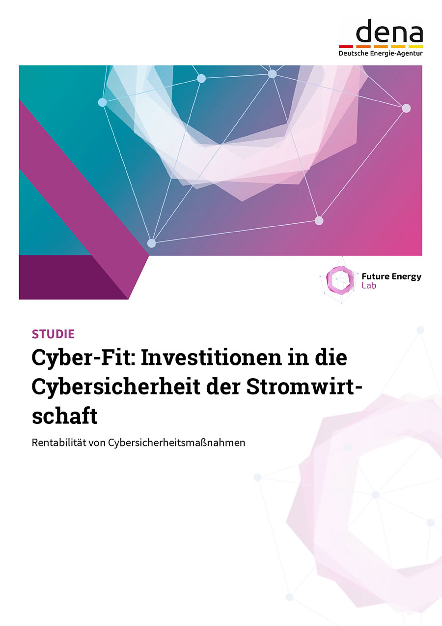 Titelblatt der Studie 'Cyber-Fit: Investitionen in die Cybersicherheit der Stromwirtschaft'. Enthält geometrische Formen in Rosa und Blau. Text: 'Rentabilität von Cybersicherheitsmaßnahmen'.